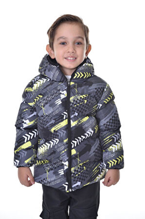 Spor Erkek Spor Çocuk Saks Antrasit Dijital Desen  Polar Su ve Rüzgar Geçirmez Kapüşonlu   Mont