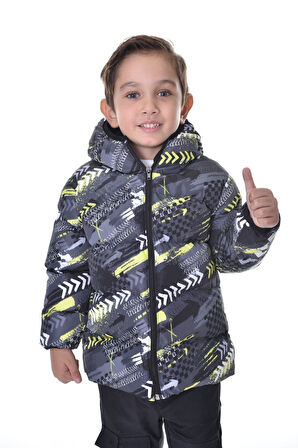 Spor Erkek Spor Çocuk Saks Antrasit Dijital Desen  Polar Su ve Rüzgar Geçirmez Kapüşonlu   Mont