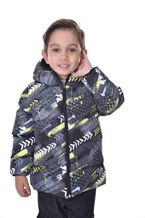 Spor Erkek Spor Çocuk Saks Antrasit Dijital Desen  Polar Su ve Rüzgar Geçirmez Kapüşonlu   Mont