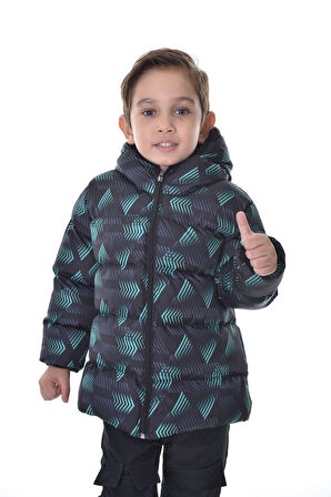 Spor Erkek Spor Çocuk Saks Antrasit Dijital Desen  Polar Su ve Rüzgar Geçirmez Kapüşonlu   Mont