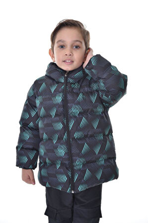 Spor Erkek Spor Çocuk Saks Antrasit Dijital Desen  Polar Su ve Rüzgar Geçirmez Kapüşonlu   Mont
