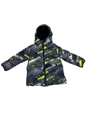 Spor Erkek Spor Çocuk Saks Antrasit Dijital Desen  Polar Su ve Rüzgar Geçirmez Kapüşonlu   Mont