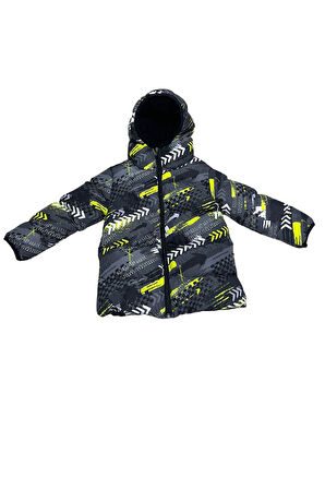 Spor Erkek Spor Çocuk Saks Antrasit Dijital Desen  Polar Su ve Rüzgar Geçirmez Kapüşonlu   Mont