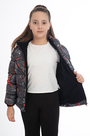 Spor Kız Spor Çocuk Bej Pusula Desen  Polar Su Ve Rüzgar Geçirmez Kapüşonlu Cepli Mont