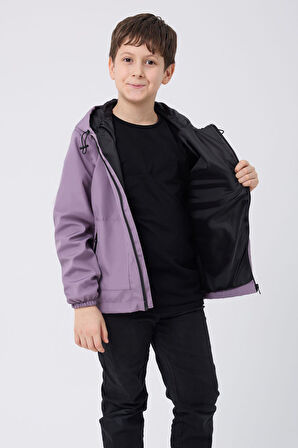 Spor Erkek Çocuk Mürdüm İçi Astarlı Su ve Rüzgar Geçirmez Kapüşonlu Çift Fermuarlı Cepli Yağmurluk