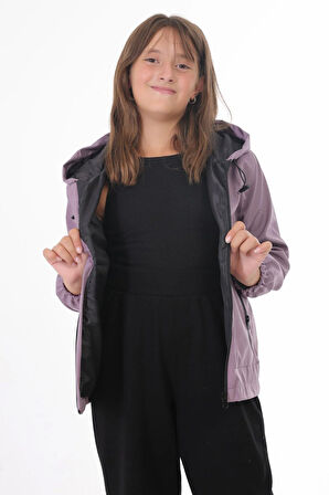 Spor Kız Çocuk Siyah İçi Astarlı Su ve Rüzgar Geçirmez Kapüşonlu Çift Fermuarlı Cepli Yağmurluk