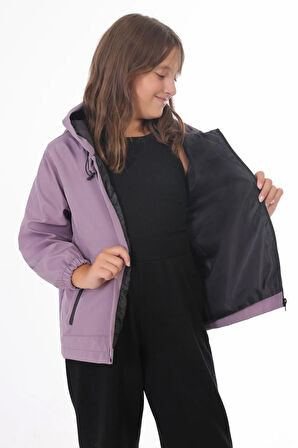 Spor Kız Çocuk Siyah İçi Astarlı Su ve Rüzgar Geçirmez Kapüşonlu Çift Fermuarlı Cepli Yağmurluk