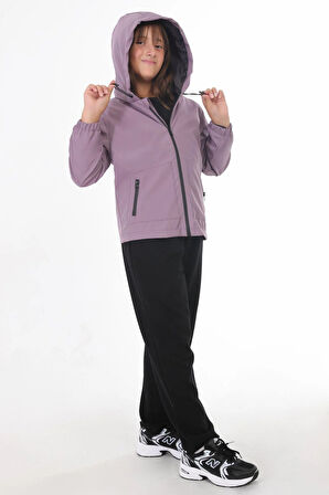 Spor Kız Çocuk Siyah İçi Astarlı Su ve Rüzgar Geçirmez Kapüşonlu Çift Fermuarlı Cepli Yağmurluk