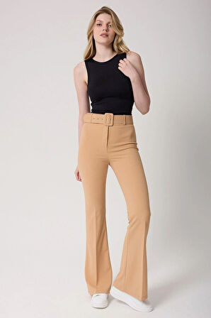 Kadın Bej Kemerli Yüksek Bel İspanyol Paça Pantolon