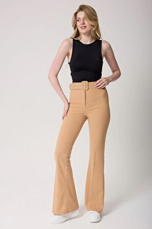 Kadın Bej Kemerli Yüksek Bel İspanyol Paça Pantolon