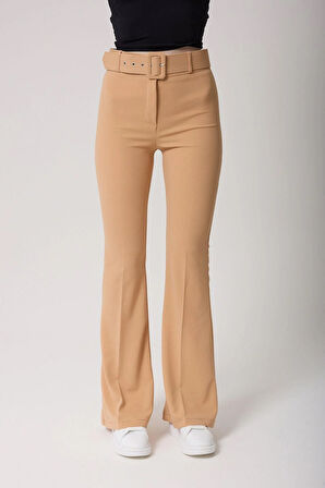 Kadın Bej Kemerli Yüksek Bel İspanyol Paça Pantolon