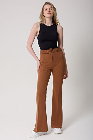 Kadın Bej Kemerli Yüksek Bel İspanyol Paça Pantolon