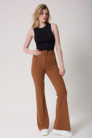 Kadın Bej Kemerli Yüksek Bel İspanyol Paça Pantolon