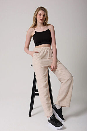 Kadın Bej Kemerli Yüksek Bel İspanyol Paça Pantolon