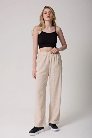Kadın Bej Kemerli Yüksek Bel İspanyol Paça Pantolon