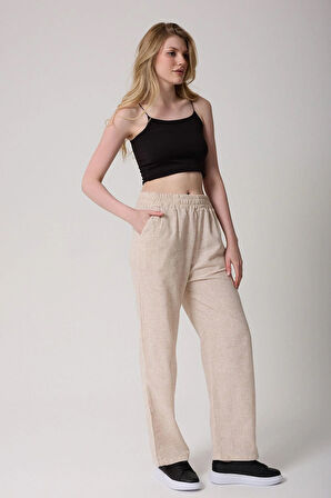 Kadın Bej Kemerli Yüksek Bel İspanyol Paça Pantolon
