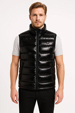 Erkek Siyah Parlak Kumaş Şişme Yelek