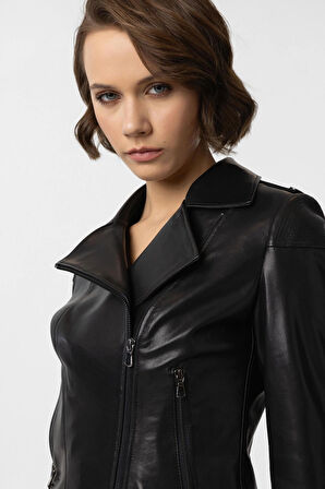 Siyah Ella Kadın Fermuarlı Biker Motorcu Kemerli Kısa Hakiki Deri Mont