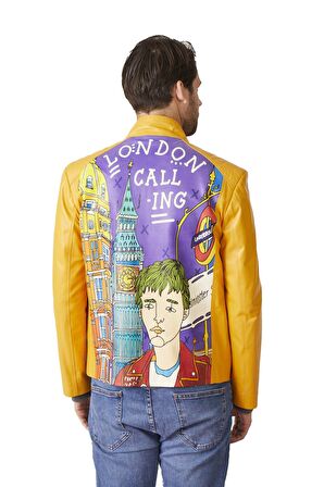 Sarı London Baskılı Erkek Deri Ceket