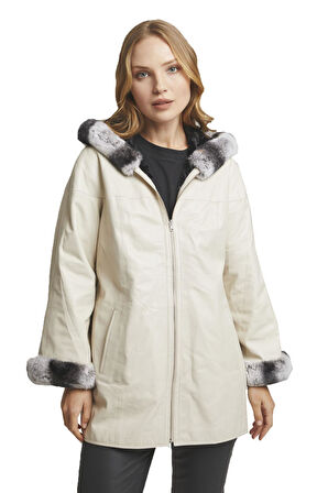 Bej Perla Geniş Kesim İçi Kumaş Çift taraflı Kapüşon ve Kol ağzı Kürklü Kadın Hakiki Deri Kaban