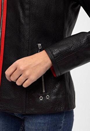 Siyah Marc Fermuarlı Geniş Kesim Kadın Hakiki Deri Mont