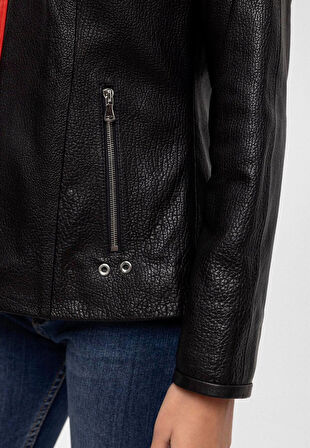 Siyah Marc Fermuarlı Geniş Kesim Kadın Hakiki Deri Mont