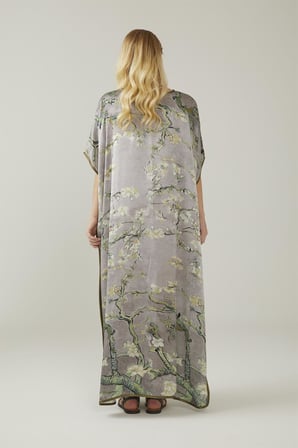 Gri Almond Blossoms Desenli İpek Elbise