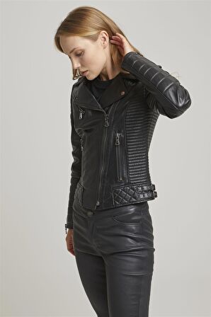 Siyah Laney Biker Motorcu Kadın Fermuarlı Astarlı Dikişli Apoletli Kısa Hakiki Deri Ceket