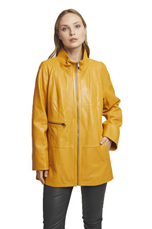 Sarı Alessa Fermuarlı Geniş Kesim Uzun Kadın Hakiki Deri Kaban