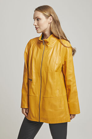 Sarı Alessa Fermuarlı Geniş Kesim Uzun Kadın Hakiki Deri Kaban