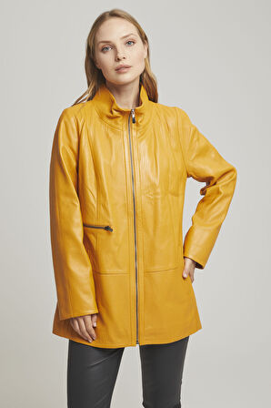 Sarı Alessa Fermuarlı Geniş Kesim Uzun Kadın Hakiki Deri Kaban