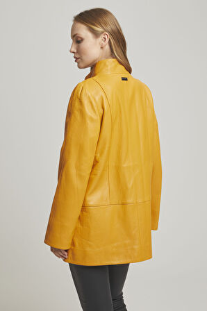 Sarı Alessa Fermuarlı Geniş Kesim Uzun Kadın Hakiki Deri Kaban