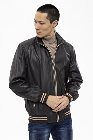 Kahve Kol ve Bel Trikolu Astarlı Fermuarlı Bej Garnili Hakiki Deri Mont