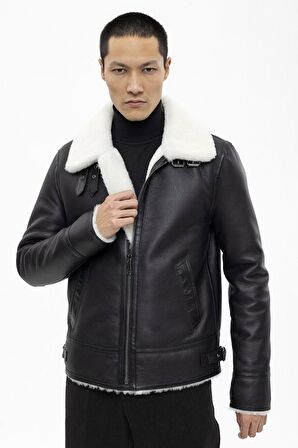 Luden Siyah İçi Beyaz Tüylü Fermuarlı Yakası Tokalı Dar Kesim Motorcu Erkek Hakiki Kürk Kaban