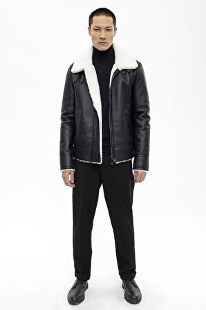 Luden Siyah İçi Beyaz Tüylü Fermuarlı Yakası Tokalı Dar Kesim Motorcu Erkek Hakiki Kürk Kaban