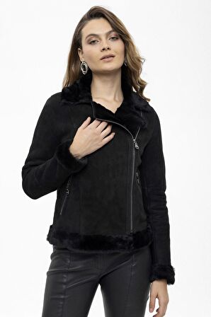 Violet Siyah Fermuarlı Biker Kadın Hakiki Kürk Mont