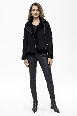 Violet Siyah Fermuarlı Biker Kadın Hakiki Kürk Mont