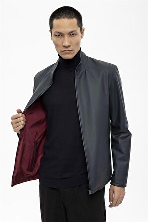 Lacivert Bordo Zavier Erkek Çift Taraflı Hakiki Deri Mont