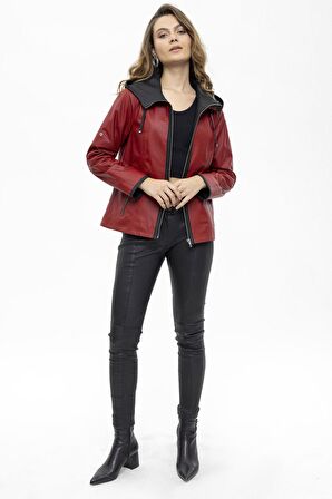 Kırmızı Marc Fermuarlı Geniş Kesim Kadın Hakiki Deri Mont