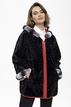 Kırmızı Perla Geniş Kesim İçi Kumaş Çift taraflı Kapüşon ve Kol ağzı Kürklü Kadın Hakiki Deri Kaban