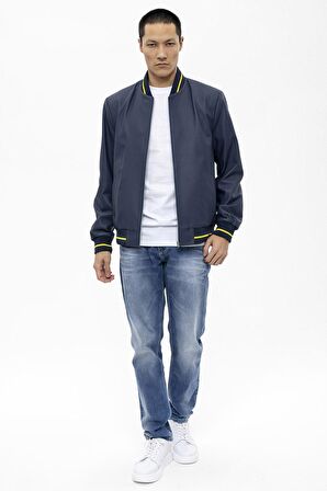 Leo Lacivert Beli ve Kolu Trikolu Fermuarlı Astarlı Erkek Hakiki Deri Mont