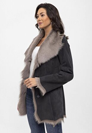 Gri Alaina Düğmeli Önden Açık Salaş Kesim Hafif Kadın Hakiki Kürk Kaban