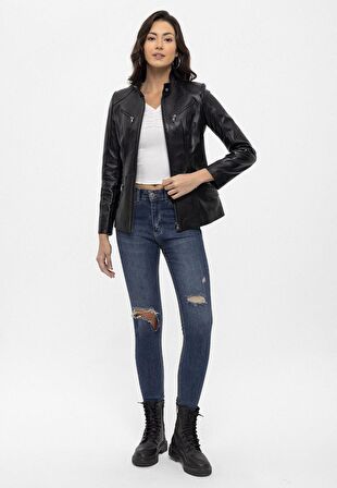 Siyah Maeve Çıt Çıt Detaylı Hakim Yaka Astarlı Kadın Hakiki Deri Mont