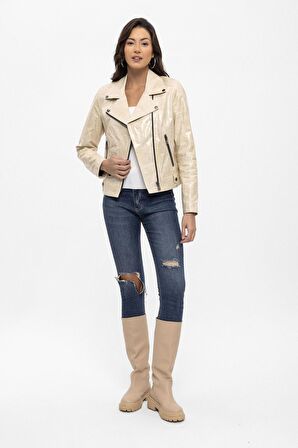 Bej Merlot Çıt Çıt Detaylı Yandan Fermuarlı Biker Motorcu Hakiki Deri Kadın Mont