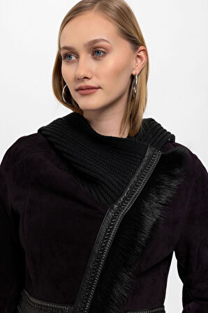 Mürdüm Seline Triko Kapüonlu Hakiki Deri Kürk Kaban