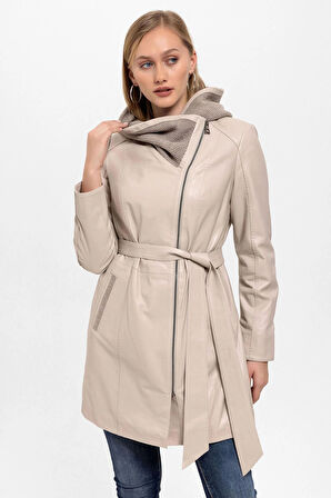 Bej Julia Triko Kapüonlu Kemerli Hakiki Kadın Deri Kaban