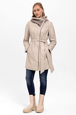Bej Julia Triko Kapüonlu Kemerli Hakiki Kadın Deri Kaban