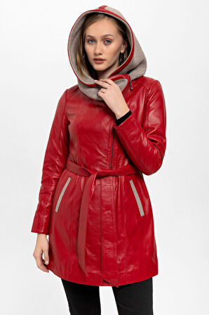 Kırmızı Julia Triko Kapüonlu Kemerli Hakiki Kadın Deri Kaban