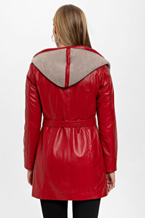 Kırmızı Julia Triko Kapüonlu Kemerli Hakiki Kadın Deri Kaban
