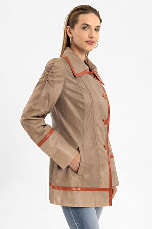 Camel Bianca Düğme Kapamalı Kadın Hakiki Deri Kaban